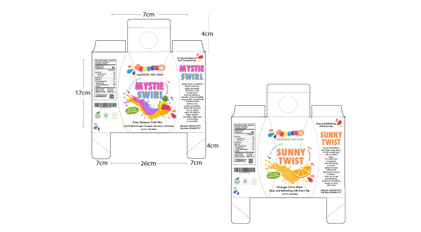 Flat label dieline for a Squeezit flavour with logo, character, and information layout